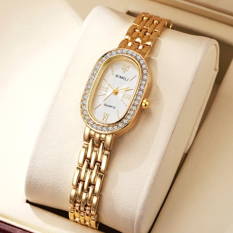 Orologio Al Quarzo Da Donna Ovale Con Strass Resistente All'acqua Moda Elegante Cinturino In Lega Di Metallo