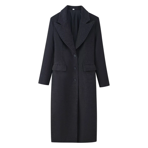 Women Long Woolen Coat Elegant Lapel Button Down Overcoat Casual Solid Color Outerwear With Pockets