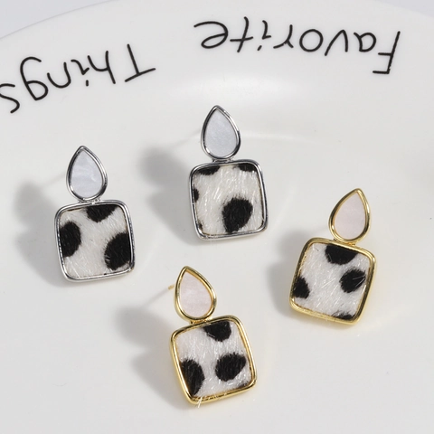 Square Faux Fur Leopard Print Stud Earrings With Copper Earring Post Teardrop Inlay Fashion Jewelry For Women Ethnic