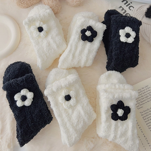 Damen Korallenvlies Wadenhohe Haussocken Verdickte Warme Winter Schlaf Socken Mit Blumen Und Schleifen Dekor Weich Süß
