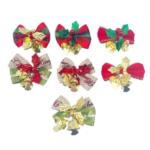Christmas Bow Hanging Decoration With Gold Metal Bells Linen Ribbon For Xmas Tree Holiday Home Party Ornaments