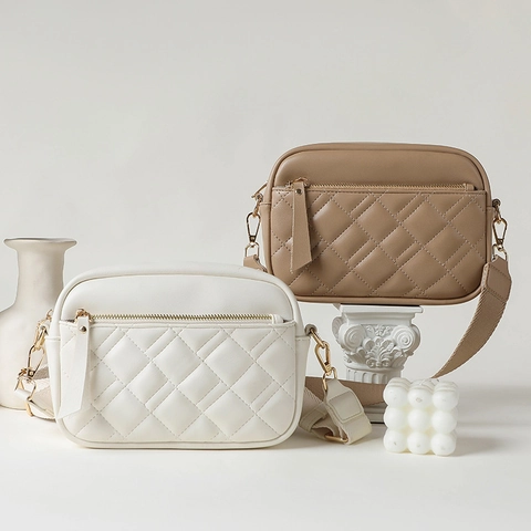 Quilted Crossbody Bag For Women PU Leather Rhombus Small Square Camera Bag With Wide Strap Gold Hardware