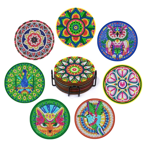 DIY Diamond Painting Coasters Acrylic Wood Holder Mandala Animal Patterns Round Rhinestone Crystals Handmade Craft Art