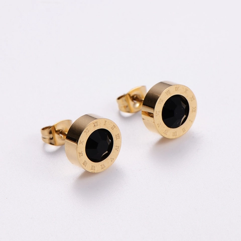 Pendientes De Botón Redondos Chapados En Oro De 18K Acero Inoxidable 316L Con Incrustaciones De Concha Números Romanos Joyas Vintage Para Mujeres