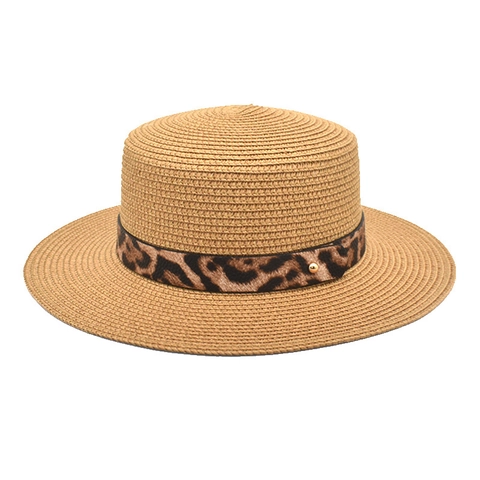 Cappello di Paglia da Donna in Stile Francese con Fascia Leopardata e Fibbia Dorata Protezione Solare per Vacanze al Mare