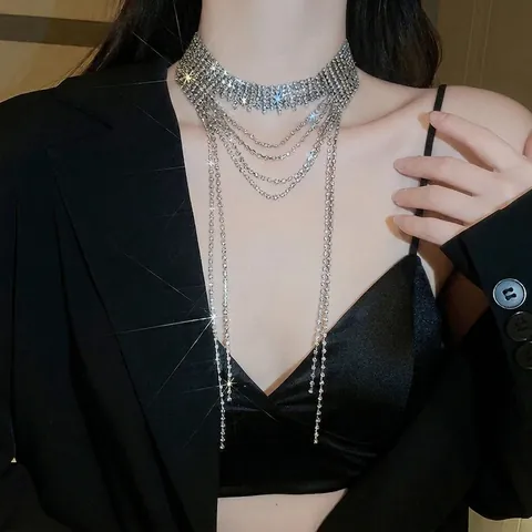 Rhinestone Fransen Choker Halskette Legierung Mehrlagig Lange Quaste Funkelnd Übertriebener Luxus Abendparty Schmuck Für Damen