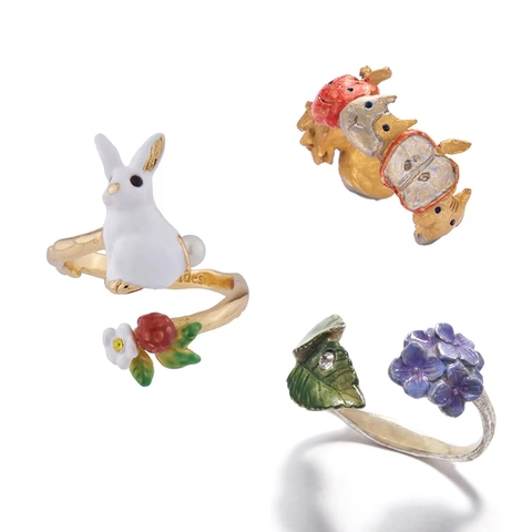 Enamel Glazed Open Adjustable Rings 3D Animal Flower Rabbit Cat Hydrangea Apple Design For Women French Pastoral Style