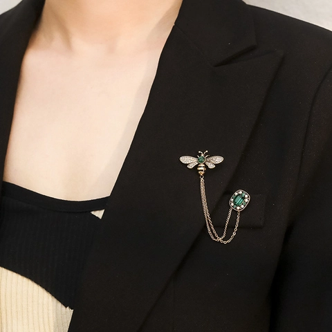 Spilla a Catena con Nappine Ape Vintage per Donna in Lega d'Oro Verde Strass Smeraldo Taglio Pietra Preziosa Insetto Smalto Gioielli