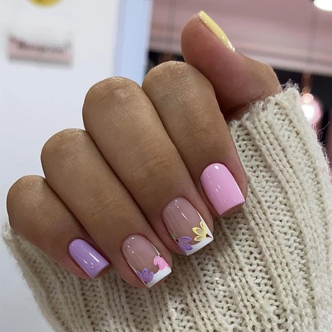 Press On Nails Macaron Color Flower French Style Detachable ABS Fake Nail Tips For Women Daily Manicure Decorative