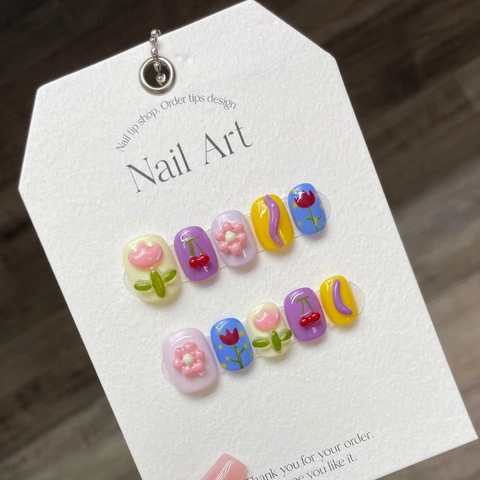 Handmade Press On Nails 3D Relief Tulip Flower Summer Dopamine Style Short Square Glossy Fake Nails