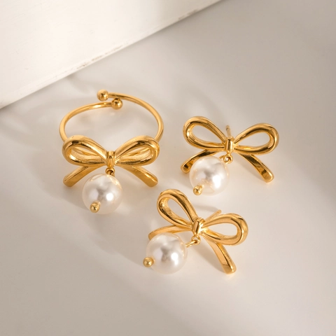 Bow Artificial Pearl Earrings 18K Gold Plated Stainless Steel With Heart Zircon Elegant Retro Drop Stud For Women Jewelry