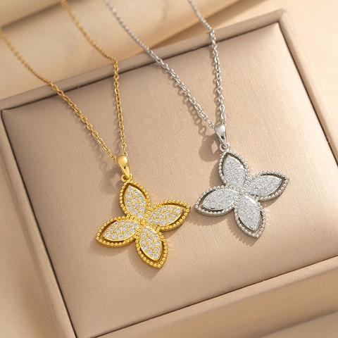 Clover Flower Pendant Necklace 18K Gold Plated Stainless Steel Cubic Zirconia Elegant Trendy Jewelry For Women