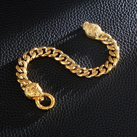 Pulsera De Cadena Cubana Para Hombre De Acero Inoxidable Con Cierre De Doble Cabeza De León Estilo Punk