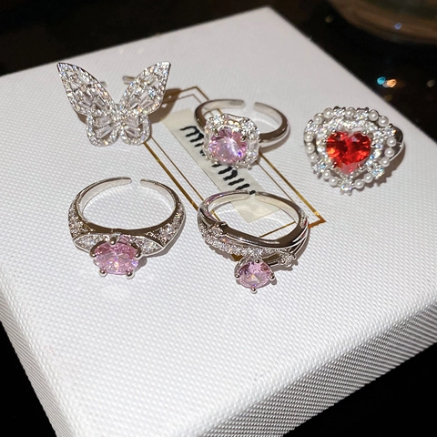 Verstellbarer Offener Ring Zirkon Schmetterling Herz Quadratisch Rund Kupfer Modeschmuck Damen Rosa Rot Funkelnd