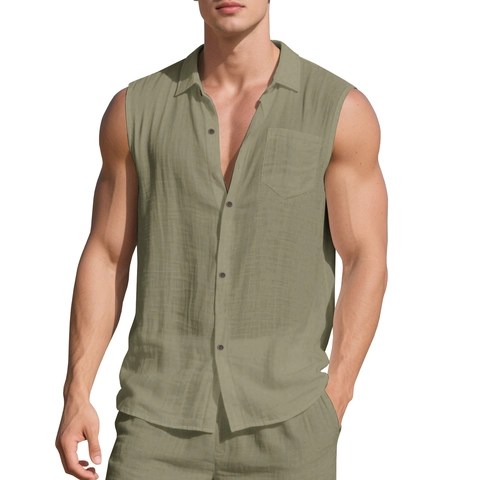 Men's Linen Sleeveless Shirt Vest Summer Casual Loose Button Down Top Breathable Solid Color Fashion Tank Top
