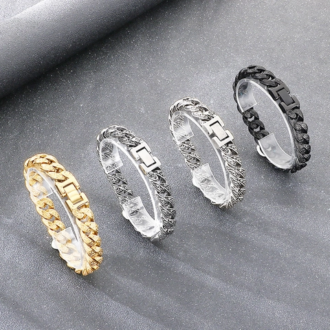 Pulsera De Cadena Cubana Grabada Para Hombres Acero Inoxidable Retro Punk Gótico Patrón Tallado Joyería