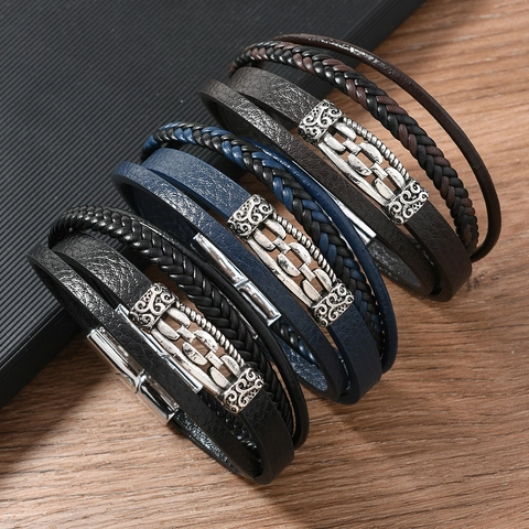 Bracciale In Pelle Multistrato Da Uomo Vintage Catena In Lega Fibbia Magnetica Tessuto A Mano Gioielli Retro