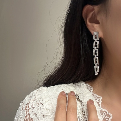 Geometrische Quadratische Kette Drop Ohrringe Kupfer Zirkonia Mit 925 Sterling Silber Ohrstecker Luxus Frauen Büro