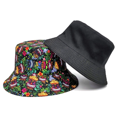 Tiki Masken Print Fischerhut Wendbar Polyester Tropisch Floral Sonnenschutz Faltbar Retro Outdoor Reise Hut