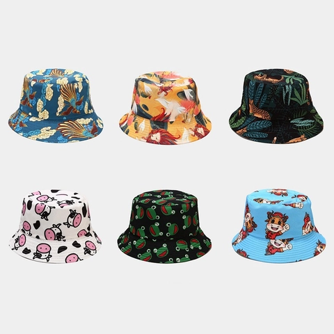 Chapeau Bob Réversible Double Face Coton Protection Solaire Pêche Dessin Animé Animal Pour Hommes Femmes