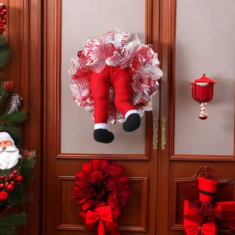 Corona Di Natale Con Gambe Di Babbo Natale Nastro In Rete A Righe Rosso Bianco Decorazione Da Appendere Porta D'ingresso