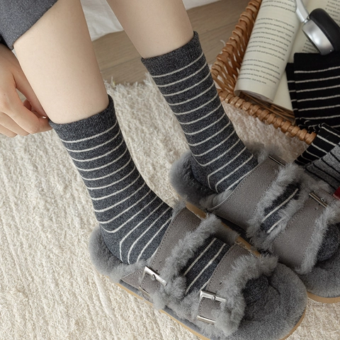 Damen Crew Socken Wollmischung Strick Warm Dick Gestreift Gerippt Japanischer Koreanischer Stil Lässige Socken