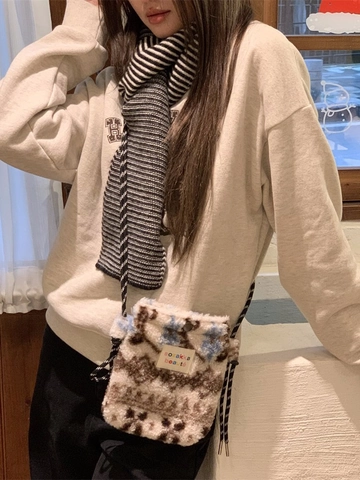 Borsa A Tracolla In Peluche Donna Retro Piccola Borsa A Spalla Tasca Per Cellulare Motivo Geometrico Autunno Inverno