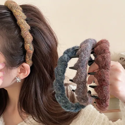 Headband Knitted Acrylic Wool Wave Pattern Non-Slip Teeth Thickened Hair Hoop Winter Autumn For Women