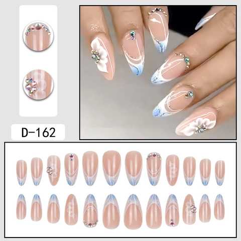 Französische Press On Nägel Mandelform Blau Verlauf Mit 3D Weißer Blume Strass Glitzer Nude Rosa Künstliche Nägel