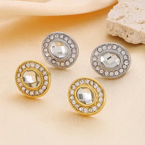 Pendientes De Botón De Acero Inoxidable Estilo Palacio Retro Con Circón Ovalado Diamantes De Imitación Chapado En Oro 18K