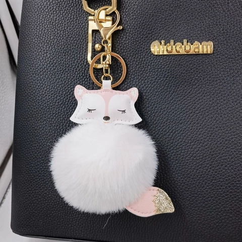 Fox Pom Pom Keychain Faux Fur PU Leather Cartoon Animal Decorative Bag Charm Pendant Golden Metal Key Ring For Women Girls