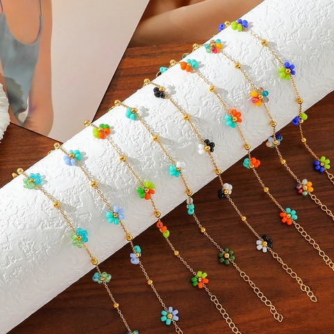 Titanium Steel Colorful Beaded Flower Bracelet For Women 18K Gold Plated Fresh Floral Bead Chain Bracelet Adjustable Jewelry