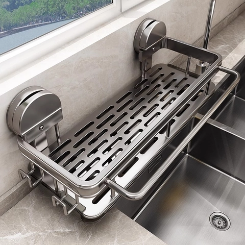 Kitchen Sink Organizer Rack Space Aluminum Suction Cup Wall Mounted Sponge Holder With Towel Bar And Hooks Draining Basket