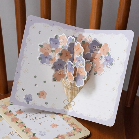3D Pop Up Greeting Card Bouquet Floral Design Thank You Best Wishes For Birthday Mother Day Anniversary Cardstock
