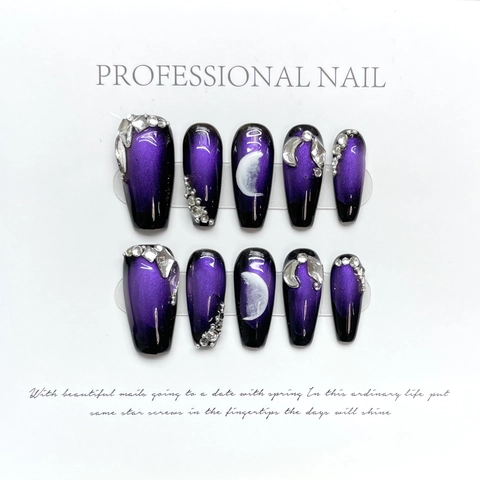 Handgefertigte Press On Nails Lila Schwarz Farbverlauf Cat Eye Strass Mond Stern Lange Sarg Kunstnägel Für Frauen