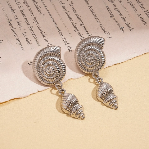 Nautical Conch Shell Dangle Earrings With Silver Earring Post Alloy Spiral Texture Vintage Marine Jewelry For Women