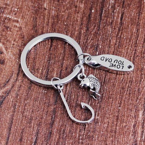 Silver Alloy Creative Fishhook Fish Pendant Keychain Love You Dad Lettering Father's Day Gift For Men Metal Key Ring