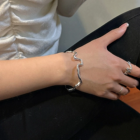 S925 Sterling Silver Irregular Wave Texture Cuff Bracelet For Women Minimalist Polished Adjustable Open Bangle Retro Fashion Jewelry