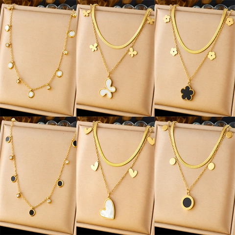 Double Layer Necklace Stainless Steel Heart Butterfly Flower Shell Agate Charm Pendant Fashion Jewelry For Women