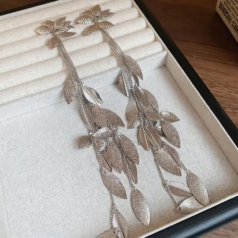Long Tassel Leaf Earrings With 925 Sterling Silver Earring Post Metal Floral Dangle Drops Fashion Niche Jewelry For Women