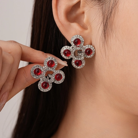 Orecchini A Lobo Rotondi Vintage Resina Rossa Strass Con Perno In Argento Sterling 925 Gioielli Geometrici Da Donna