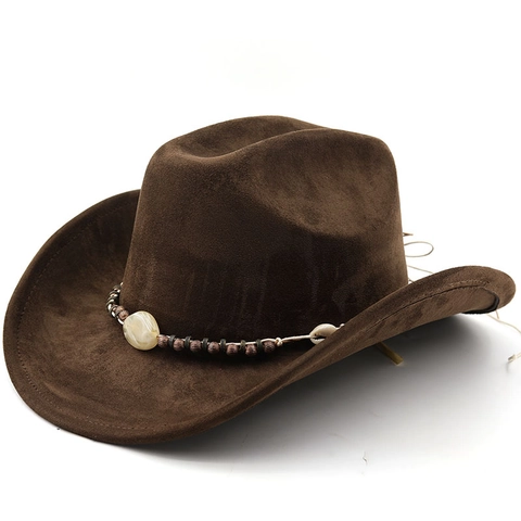 Western Cowboy Hat Suede Polyester Wide Brim Ethnic Band Wood Beads Shell Sun Protection Bohemian Fedora For Men Women
