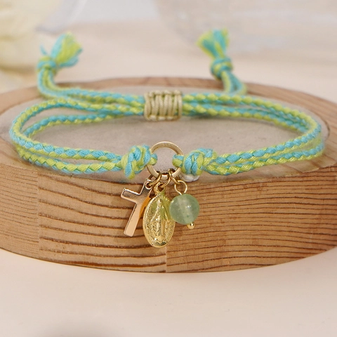 Handmade Braided Rope Bracelet Gold Cross Virgin Mary Medal Charm Semi-Precious Stone Bead Adjustable Religious Jewelry
