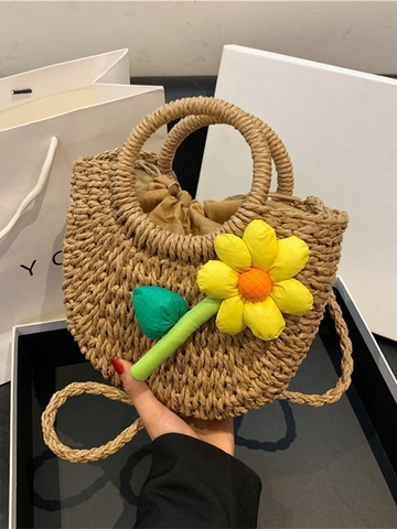 Borsa A Tracolla In Paglia Da Donna Intrecciata A Mano Girasole Coulisse Estate Spiaggia Vacanze Moda