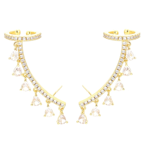 Fashion Ear Cuff Earrings Copper Gold Plated Pear Cut Colorful Cubic Zirconia Tassel Fringe Banquet Jewelry For Women