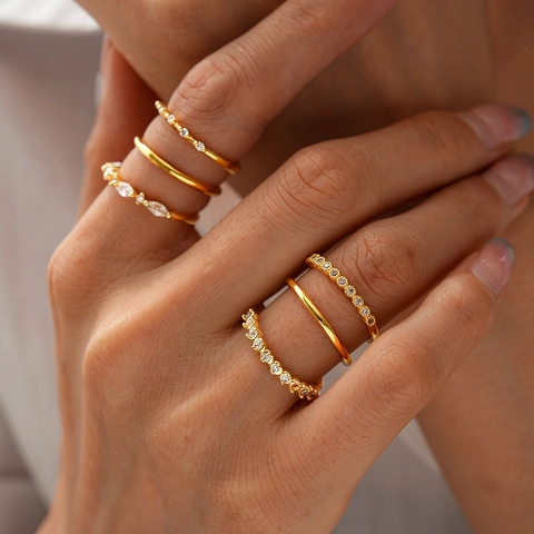 Geometric Zircon Rings Copper Gold Silver Plated Stacking Luxury Fashion Vintage Style Finger Accessories Women