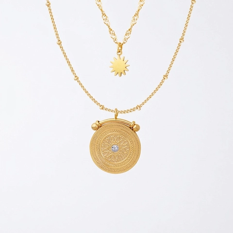 Collar De Doble Capa De Acero Inoxidable Chapado En Oro Con Colgantes De Estrella Y Medallón Redondo Circón Incrustado Estilo Vintage