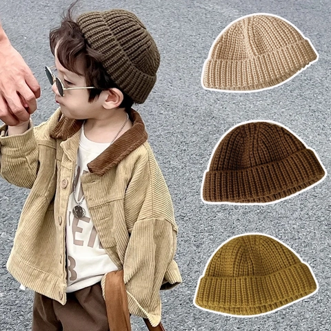 Gorro De Punto Niños Algodón Acanalado Cálido Invierno Docker Gorra Para Niños Niñas Niños Pequeños Color Sólido Estilo Coreano