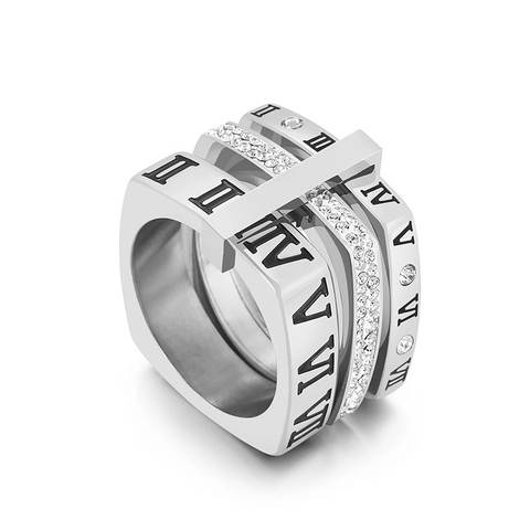 Stainless Steel Ring For Women Roman Numerals Square Geometric Multi Layered Zircon Inlaid Gold Plated Fashion Jewelry