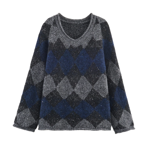Maglione In Maglia Argyle Con Scollo A V Da Donna Pullover Ampio A Maniche Lunghe Con Paillettes Lucide Tipo Mohair